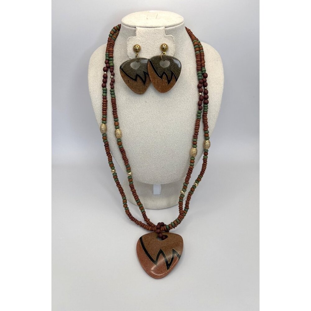 Vintage Beaded Multistrand Necklace Abstract Enamel Inlay Pendant Earrings Set
